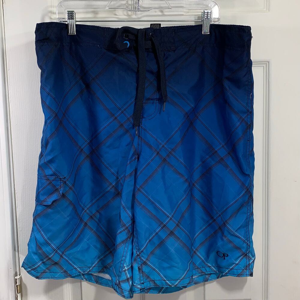 Ocean Pacific Swim Trunks Mens L Blue Plaid Ombre Cargo Board Shorts OM13202Y
